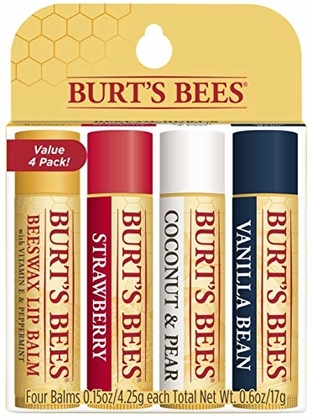 Burt's Bees 100% Natural Moisturizing Lip Balm, Multipack - Original Beeswax, Strawberry, Coconut &amp; Pear and Vanilla Bean with Beeswax &amp; Fruit Extracts - 4 Tubes