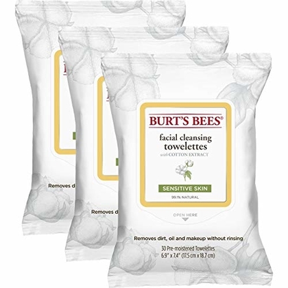 Burt's Bees Sensitive Facial Cleansing Towelettes with Cotton Extract for Sensitive Skin  - 30 Count (Pack of 3)