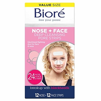 Bioré Nose+Face, Deep Cleansing Pore Strips, 24 Count Value Size, 12 Nose + 12 Face Strips for Chin or Forehead, with Instant Blackhead Removal