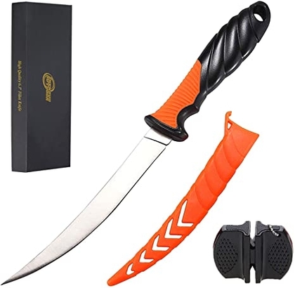 Fillet Knife Fishing Knife, 6.3 inch Stainless Steel Filet Knife with Sheath, Multifunctional Fish Fillet Knife/ Fish Deboning Knife in Freshwater Saltwater (with Gift Box and Knife Sharpener)