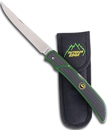 Outdoor Edge Fish & Bone - Folding Fillet Knife with 5.0" 440A Stainless Steel Blade for Fish and Processing Big Game - Pocket Clip (Green/Black)