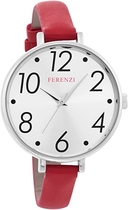 FERENZI Women’s | Modern Silver-Tone and Red Large Easy Reader Analogue Quartz Fashion Watch | FZ16101