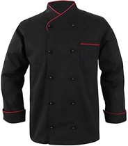 10oz apparel Black Chef Coat Contrast Piping Long Sleeves Jacket (Black/Red Piping, S)