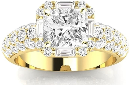 1.5 Carat GIA Certified Cushion-Cut Designer Popular Halo Style Baguette and Pave Set Round Diamond Engagement Ring with a 0.75 Ct D-E VS1-VS2 Center.