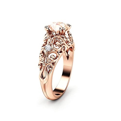 Peach Pink Sapphire Engagement Ring 14K Rose Gold Ring Unique Art Nouveau Engagement Ring