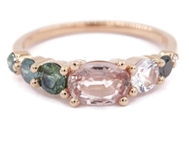Peach Pink Sapphire Ombre Cluster Ring with Teal Blue and Black Diamond set in 14k Rose Gold