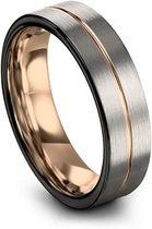 Midnight Rose Collection Tungsten Wedding Band Ring 6mm for Men Women 18k Rose Gold Plated Flat Cut Center Line Black Grey Brushed Polished