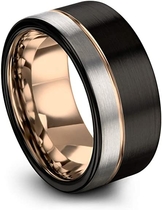 Midnight Rose Collection Tungsten Wedding Band Ring 12mm for Men Women 18k Rose Yellow Gold Plated Flat Cut Off Set Line Black Grey Half Brushed Polished