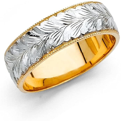 Solid 14k Yellow White Gold Wedding Milgrain Band Diamond Cut Ring Two Tone Filigree Men Women 6 mm