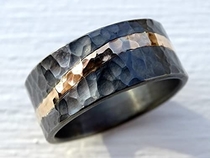 Forged mens viking ring, black gold wedding band, mens wedding ring beach, mens engagement band, gold wave ring inlay rustic gold ring