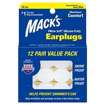 People recommend "Mack's Pillow Soft Silicone Earplugs - 12 Pair, Value Pack - The Original Moldable Silicone Putty Ear Plugs for Sleeping, Snoring, Swimming, Travel, Concerts and Studying"