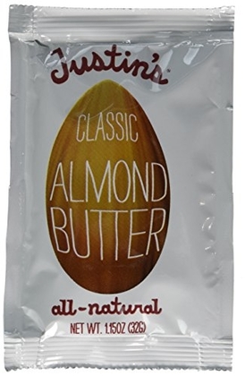 People recommend "Classic Almond Butter Squeeze Packs by Justin's, Only Two Ingredients, Gluten-free, Non-GMO, Vegan, Sustainably Sourced, 3 Packs of 10 (1.15oz each)"