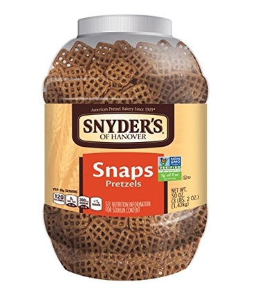People recommend "Snyder's of Hanover Pretzels, Snaps, 50 Ounce Canister"