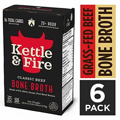 People recommend "Beef Bone Broth Soup by Kettle and Fire, Pack of 6, Keto Diet, Paleo Friendly, Whole 30 Approved, Gluten Free, with Collagen, 10g of protein, 16.9 fl oz (Packaging May Vary)"