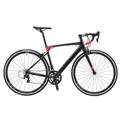 People recommend "Aluminium Road Bike, SAVADECK R8 700C Carbon Fork Road Bicycle Lightweight Aluminium Alloy Frame Road Bike with SORA R3000 18 Speed Derailleur System and Double V Brake Black Red 54CM"