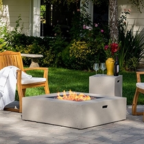 People recommend "Hearth 50K BTU Outdoor Gas Fire Pit Table with Tank Holder (Square, Light Grey)"