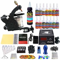 People recommend "Solong Tattoo Complete Starter Tattoo Kit 1 Pro Machine Guns 14 Inks Power Supply Foot Pedal Needles Grips Tips TK102"