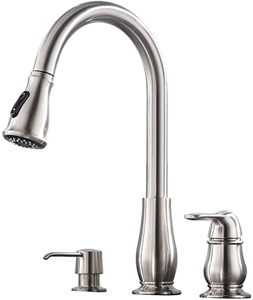 People recommend "Friho Lead-Free Commercial 3 Hole High Arch Stainless Steel Single Handle Lever Pull Out Pull Down Sprayer Kitchen Sink Faucet, Brushed Nickel Kitchen Faucets with Soap Dispenser - - Amazon.com"