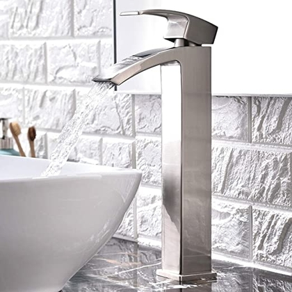 People recommend "Friho Modern Single Handle Brushed Nickel Waterfall Tall Vessel Sink Bathroom Faucet, With Extra Large Rectangular Spout - - Amazon.com"