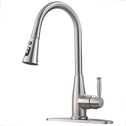 People recommend "Friho Commercial Lead-Free Single Handle Brushed Nickel Pull Down Kitchen Faucet, Stainless Steel Kitchen Faucet With Pull Out Sprayer"