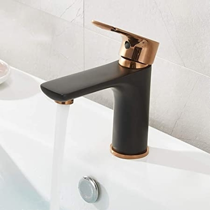 People recommend "Friho Modern Single Handle Laundry Vanity Sink Deck Mount Bathroom Faucet, Lead-Free Solid Brass Bathroom Sink Faucet in Rose-Gold & Matte Black with Water Hoses "