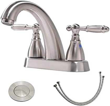 People recommend "Friho Lead-Free Modern Commercial Two Handle Brushed Nickel Bathroom Faucet, Bathroom Vanity Sink Faucets with Drain Stopper and Water Hoses"