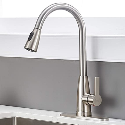 People recommend "Friho Modern Commercial Lead-Free Stainless Steel Single Lever Handle High Arc Pull Down Sprayer Kitchen Sink Faucet, Brushed Nickel Pull Out Kitchen Faucets With Deck Plate "