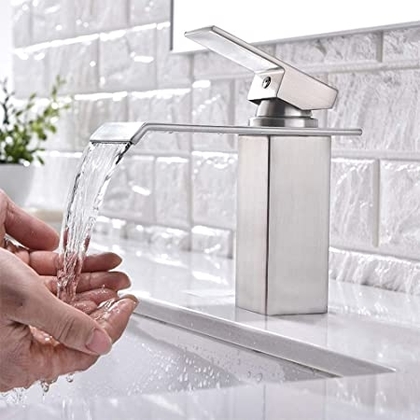 People recommend "Friho Single Handle Waterfall Bathroom Vanity Sink Faucet, Brushed Nickel Bathroom Faucet Commercial"