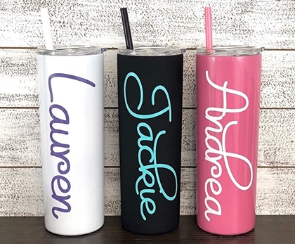 People recommend "Personalized 20 oz Stainless Steel Skinny Tumbler with Custom Monogram Vinyl Decal by Avito - Includes Straw and Lid"