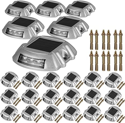 People recommend "Happybuy Driveway Lights 24-Pack Solar Driveway Lights Bright White with Screw Solar Deck Lights Outdoor Waterproof Wireless Dock Lights 6 LEDs for Path Warning Garden Walkway Sidewalk Steps"