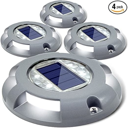 People recommend "Siedinlar Solar Deck Lights Driveway Dock LED Light Solar Powered Outdoor Waterproof Road Markers for Step Sidewalk Stair Garden Ground Pathway Yard 4 Pack (White)"