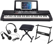 People recommend "Moukey MEK-200 Electric Keyboard Portable Piano Keyboard Music Kit with Stand, Bench, Headphone, Microphone & Sticker, 61 Key Keyboard, Black"