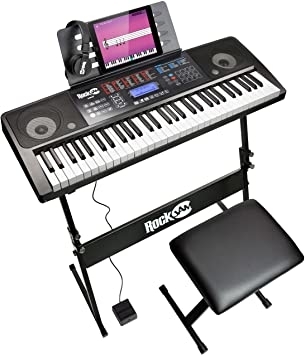 People recommend "RockJam RJ761 61 Key Electronic Interactive Teaching Piano Keyboard with Stand, Stool, Sustain Pedal and Headphones (RJ761-SK)"