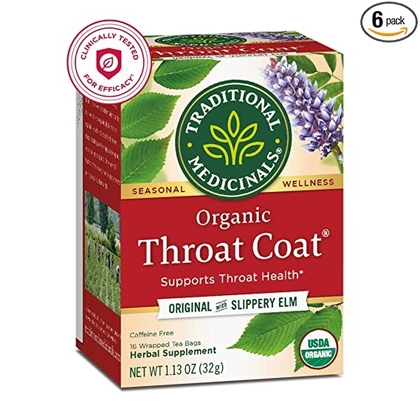 People recommend "Traditional Medicinals Organic Throat Coat Seasonal Tea"