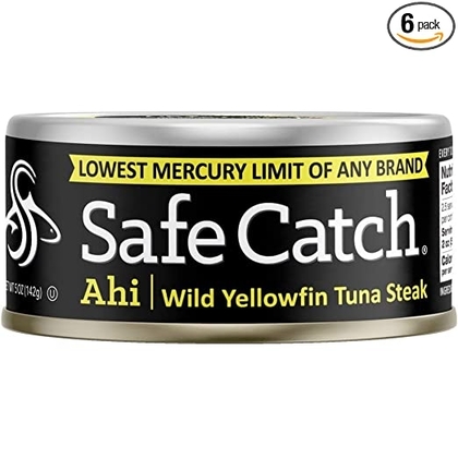 People recommend "Safe Catch Ahi, Lowest Mercury Solid Wild Yellowfin Tuna Steak"
