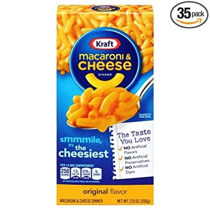 People recommend "Kraft Original Flavor Macaroni & Cheese (7.25oz Boxes, Pack of 35)"