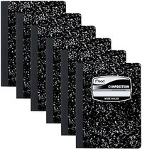 People recommend "Mead Composition Notebook, Wide Ruled, 100 Sheets, 6 Pack (09910), Black/White"