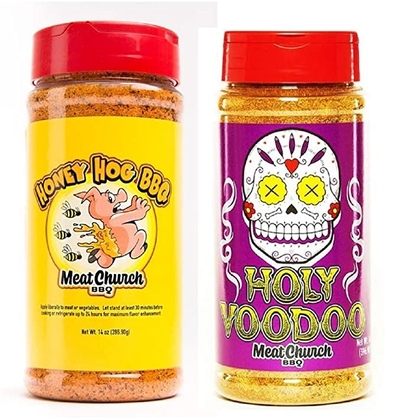 People recommend "Meat Church BBQ Rub Combo: Honey Hog (14 oz) and Holy VooDoo (14 oz) BBQ Rub and Seasoning for Meat and Vegetables, Gluten Free, One Bottle of Each "