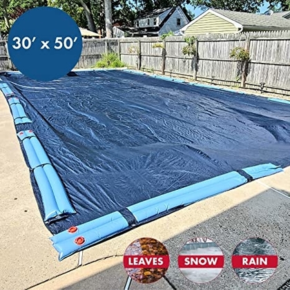 People recommend "Winter Block Inground Pool Winter Cover, Fits 30’ x 50’ Rectangle, Solid Blue – Includes Winch and Cable for Easy Installation – Superior Strength & Durability, Treated for UV Protection, WC3050RE "