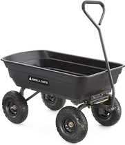 People recommend "Gorilla Carts GOR4PS Poly Garden Dump Cart with Steel Frame and 10-in. Pneumatic Tires, 600-Pound Capacity, Black"