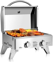 People recommend "Giantex Propane Tabletop Gas Grill Stainless Steel Two-Burner BBQ, with Foldable Leg, 20000 BTU, Perfect for Camping, Picnics or Any Outdoor Use, 22” x 18” x 15”, Silver"