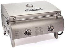 People recommend "Cuisinart CGG-306 Chef's Style Propane Tabletop Grill, Two-Burner, Stainless Steel"