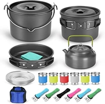 People recommend "Odoland 39pcs Camping Cookware Mess Kit for 6 and more, Large Size Hanging Pot Pan Kettle with Base Dinner Cutlery Sets, Cups Dishes Forks Spoons Kit for Outdoor Camping Hiking and Picnic "