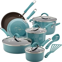 People recommend "Rachael Ray Cucina Nonstick Cookware Pots and Pans Set, 12 Piece, Agave Blue"