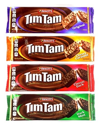 People recommend "Arnott's Tim Tam Australian Chocolate Cookies Pack of 4 Variety (Original, Caramel, Dark, Dark Mint) Full Size"