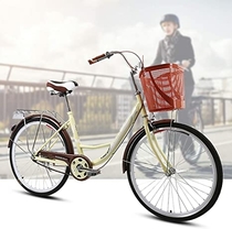【US Spot】 Womens Beach Cruiser Bike-24 Inch Unisex Classic Iron Bicycle with Basket Retro Bicycle Unique Art Deco Scooter, Road Bike, Seaside Travel Bicycle, Single Speed, 24-inch Wheels (Coffee)