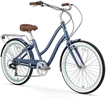  sixthreezero EVRYjourney Women's 7-Speed Step-Through Hybrid Cruiser Bicycle, 26" Wheels and 17.5" Frame, Navy with Brown Seat and Grips (630035)