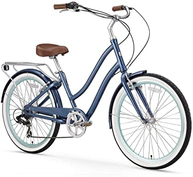  sixthreezero EVRYjourney Women's 7-Speed Step-Through Hybrid Cruiser Bicycle, 26" Wheels and 17.5" Frame, Navy with Brown Seat and Grips (630035)