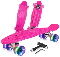 BELEEV Skateboard 22 inch Complete Mini Cruiser Retro Skateboard for Kids Teens Adults, LED Light up Wheels with All-in-One Skate T-Tool for Beginners (Rose Pink) 